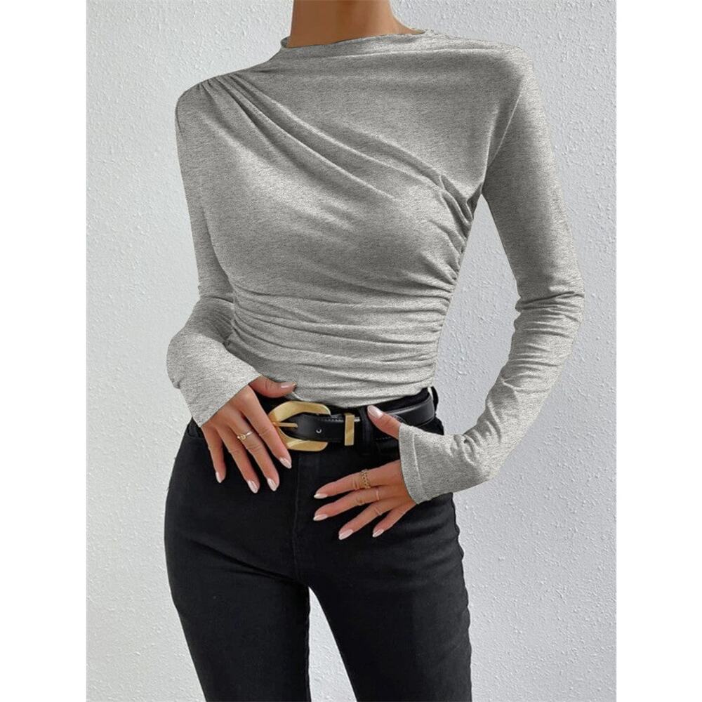 Commense Ruching Casual Stretch Long Sleeve Mock Neck Shirt Gray XL